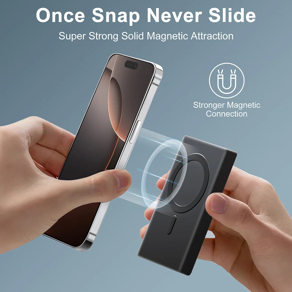 Hands holding a smartphone and a sleek black magnetic power bank, showing a strong, secure wireless connection.