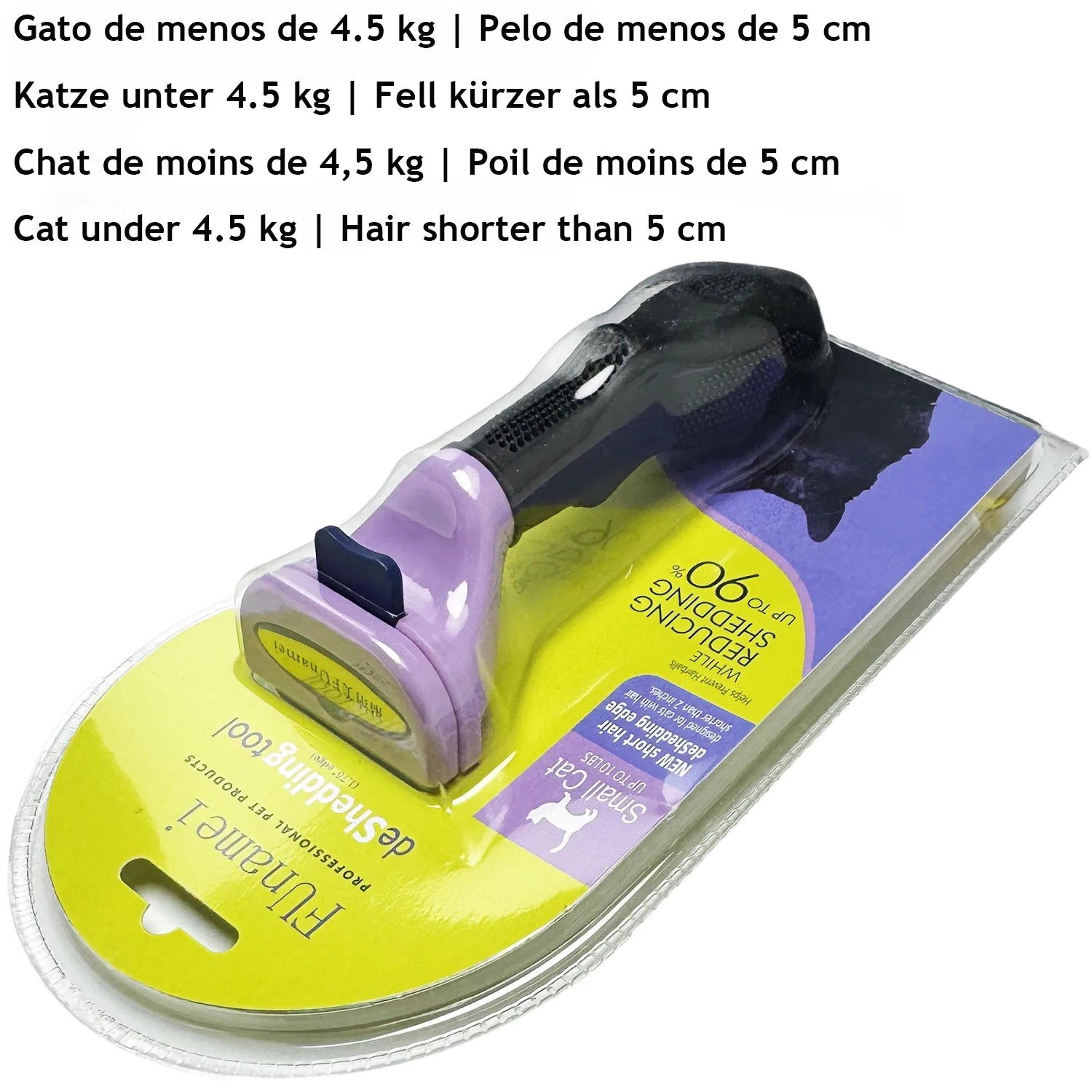Funamei small cat deshedding tool in retail packaging, featuring a black handle and a purple brush head.