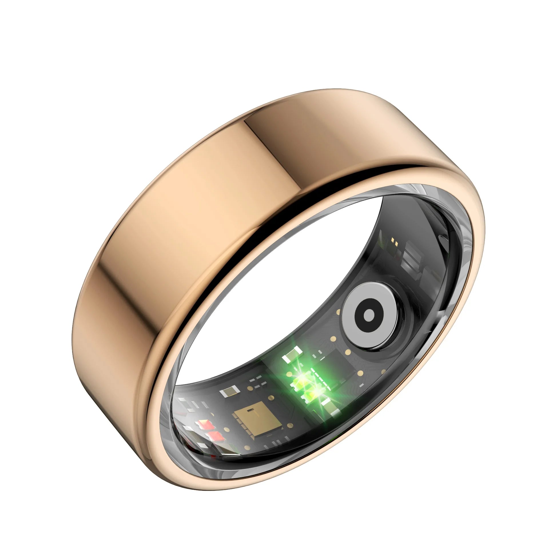 Rose gold smart fitness ring with a sleek, polished finish and internal sensors showing a glowing green light.