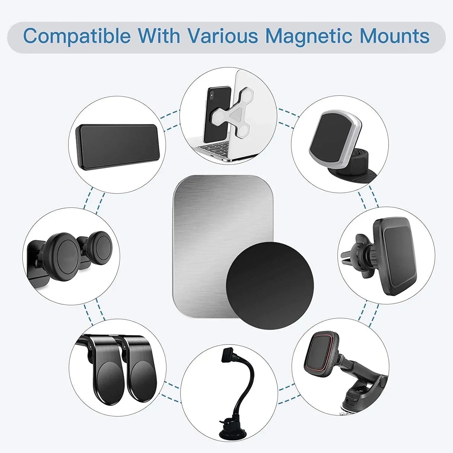 Silver rectangular and black circular adhesive metal plates for phones, shown compatible with various magnetic car mounts.