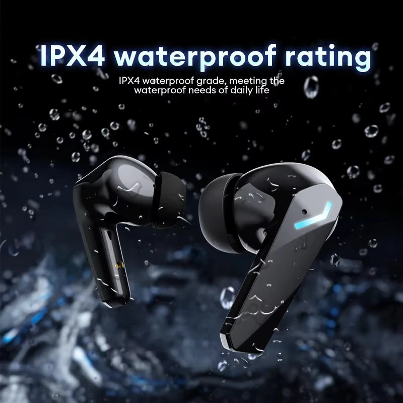 Glossy black wireless earbuds with a sleek angular design and blue LED accents, featured under splashing water.