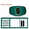 Dark green wireless vibration slimming belt with a central digital display screen, straps, and USB cable.
