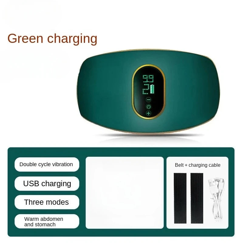 Dark green wireless vibration slimming belt with a central digital display screen, straps, and USB cable.