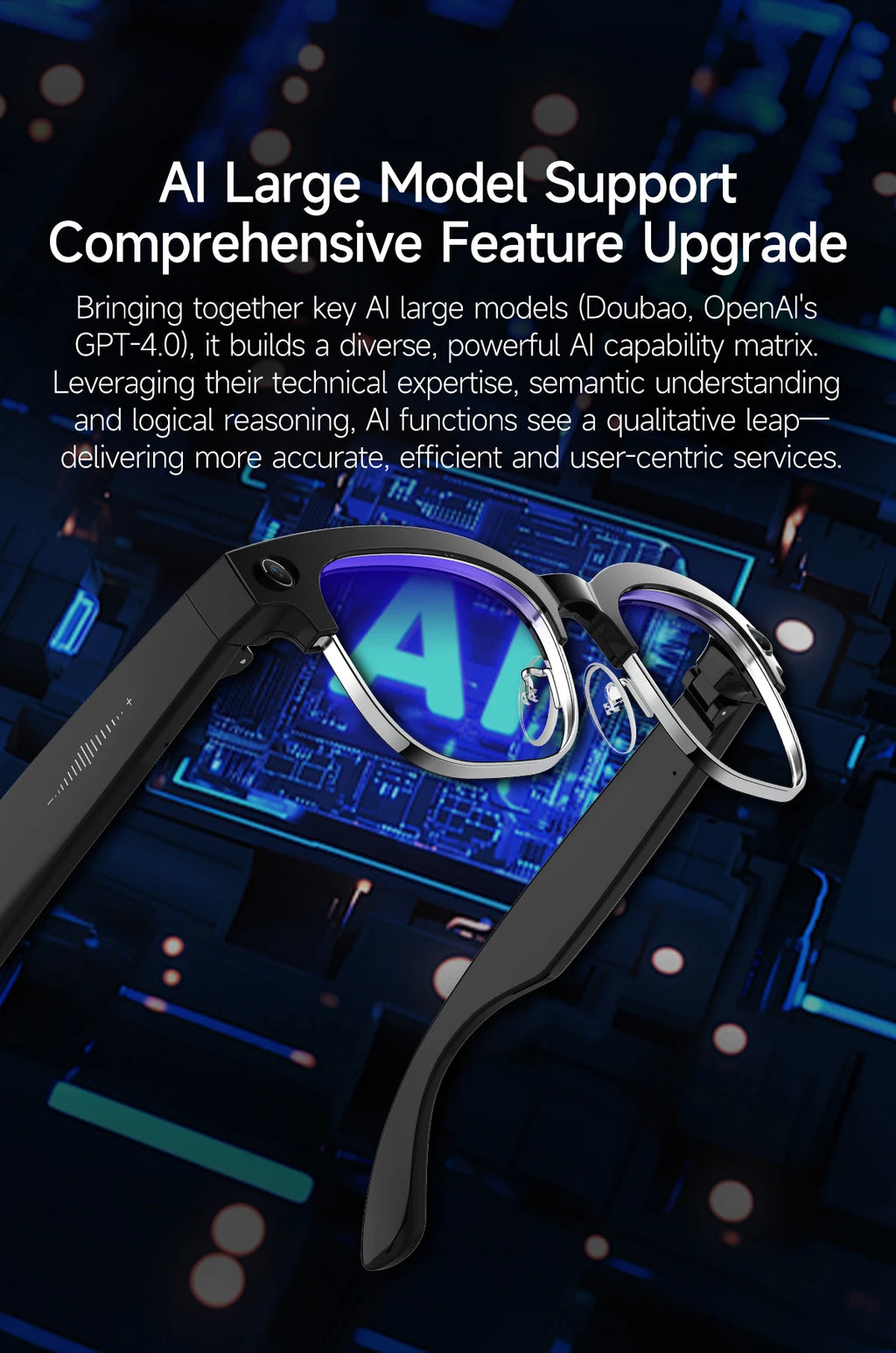 Sleek black smart glasses with integrated cameras, shown against a blue AI-themed digital background.