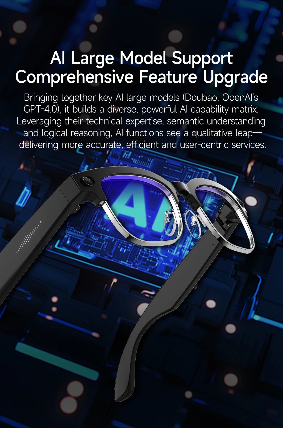 Sleek black smart glasses with integrated cameras, shown against a blue AI-themed digital background.