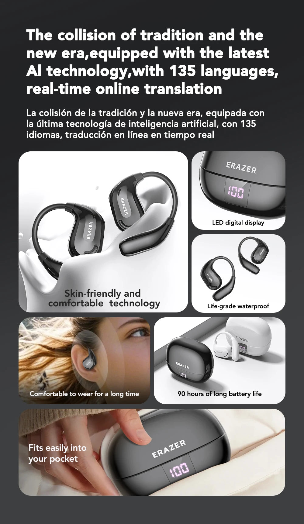 Black wireless ear hooks with a charging case featuring a digital LED battery display. Compact, ergonomic design.