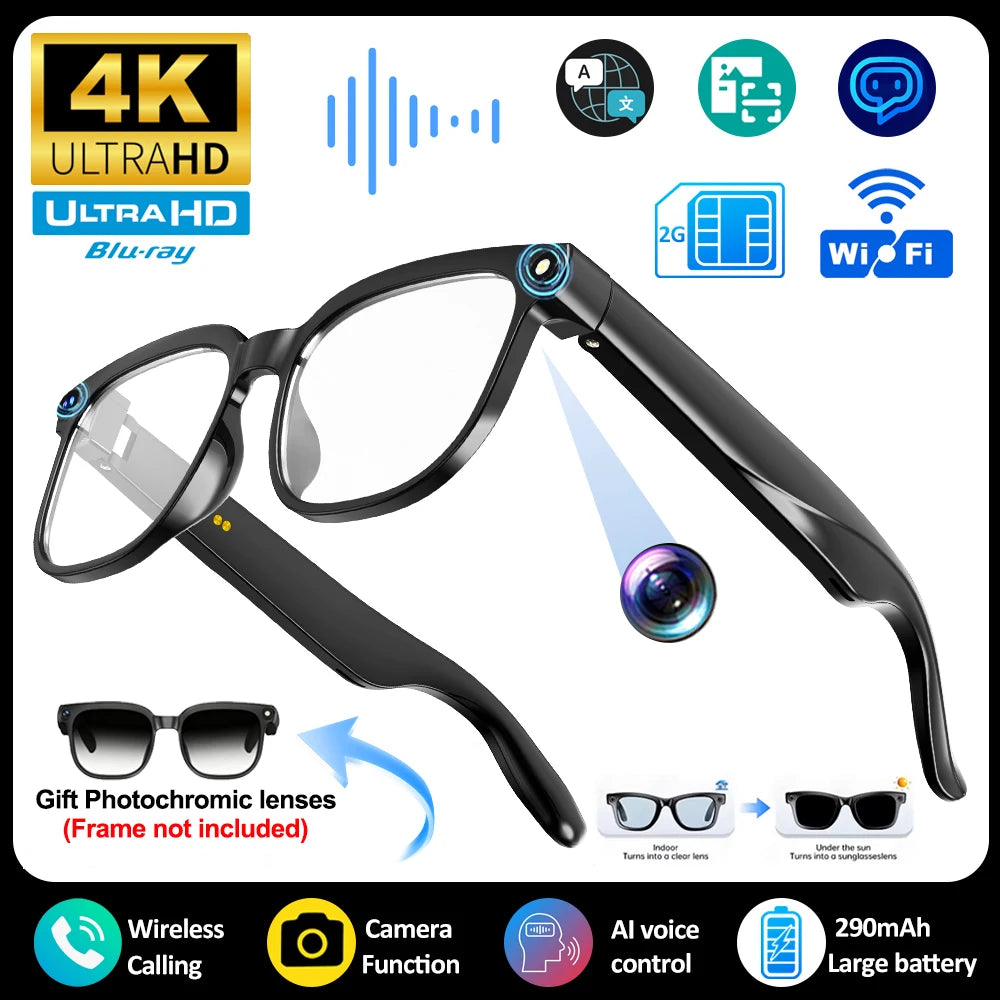 Black smart glasses with built-in 4K camera, AI translation, Bluetooth, Wi-Fi, and interchangeable photochromic lenses.