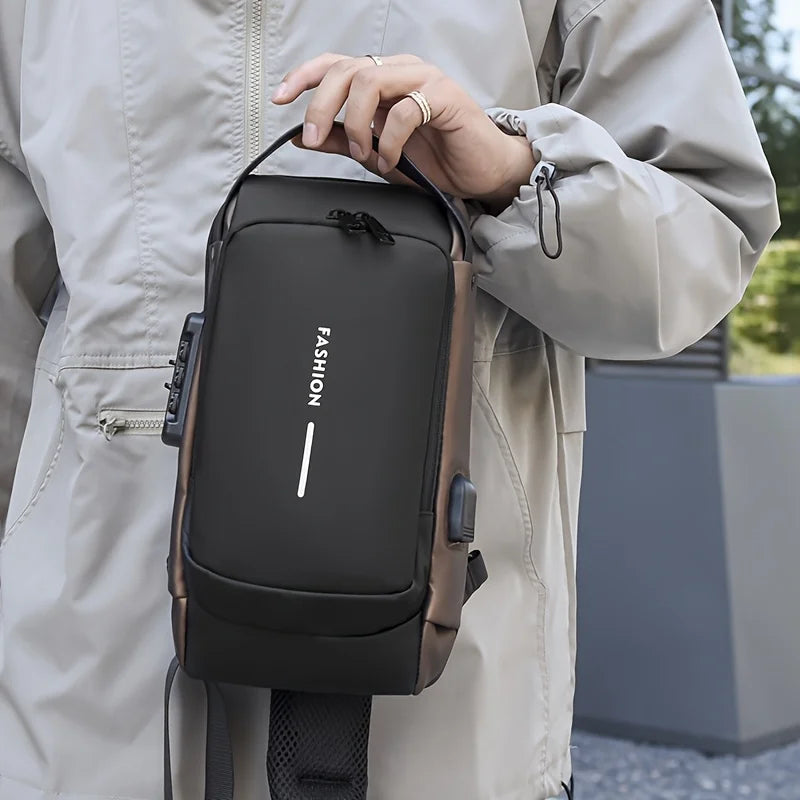 Black and bronze anti-theft sling bag featuring an integrated USB charging port and security lock.
