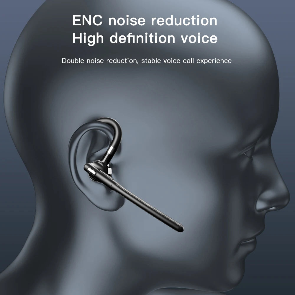 Black wireless earhook Bluetooth headset with a built-in microphone, worn on a mannequin ear for clear voice calls.