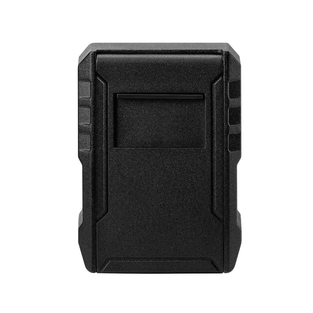 Rectangular black plastic device case with a top screen cutout and side textured grip panels.