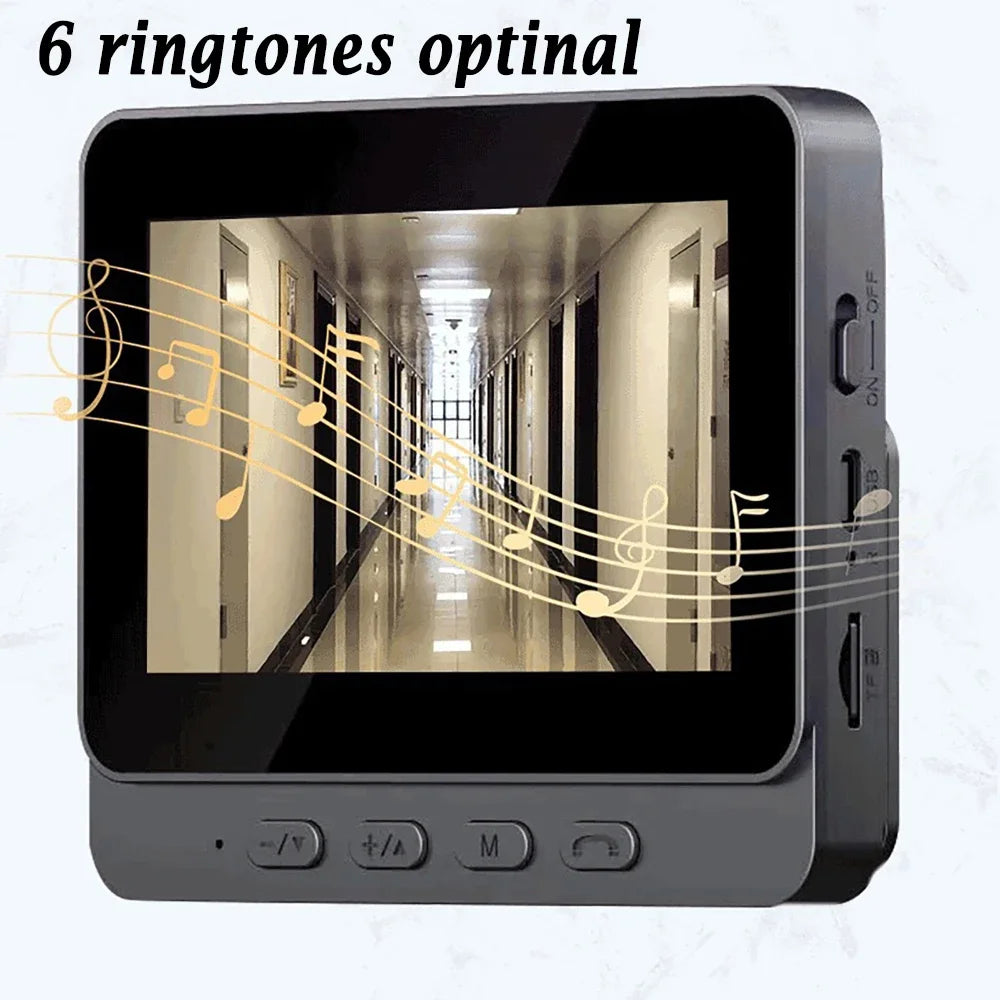 Dark grey wireless video doorbell with a 4.3-inch HD screen showing a hallway view and a musical note graphic.