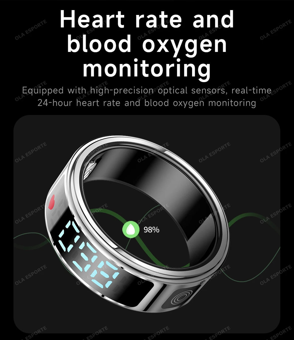 Sleek silver smart health ring displaying digital heart rate and 98% blood oxygen levels on a black background.