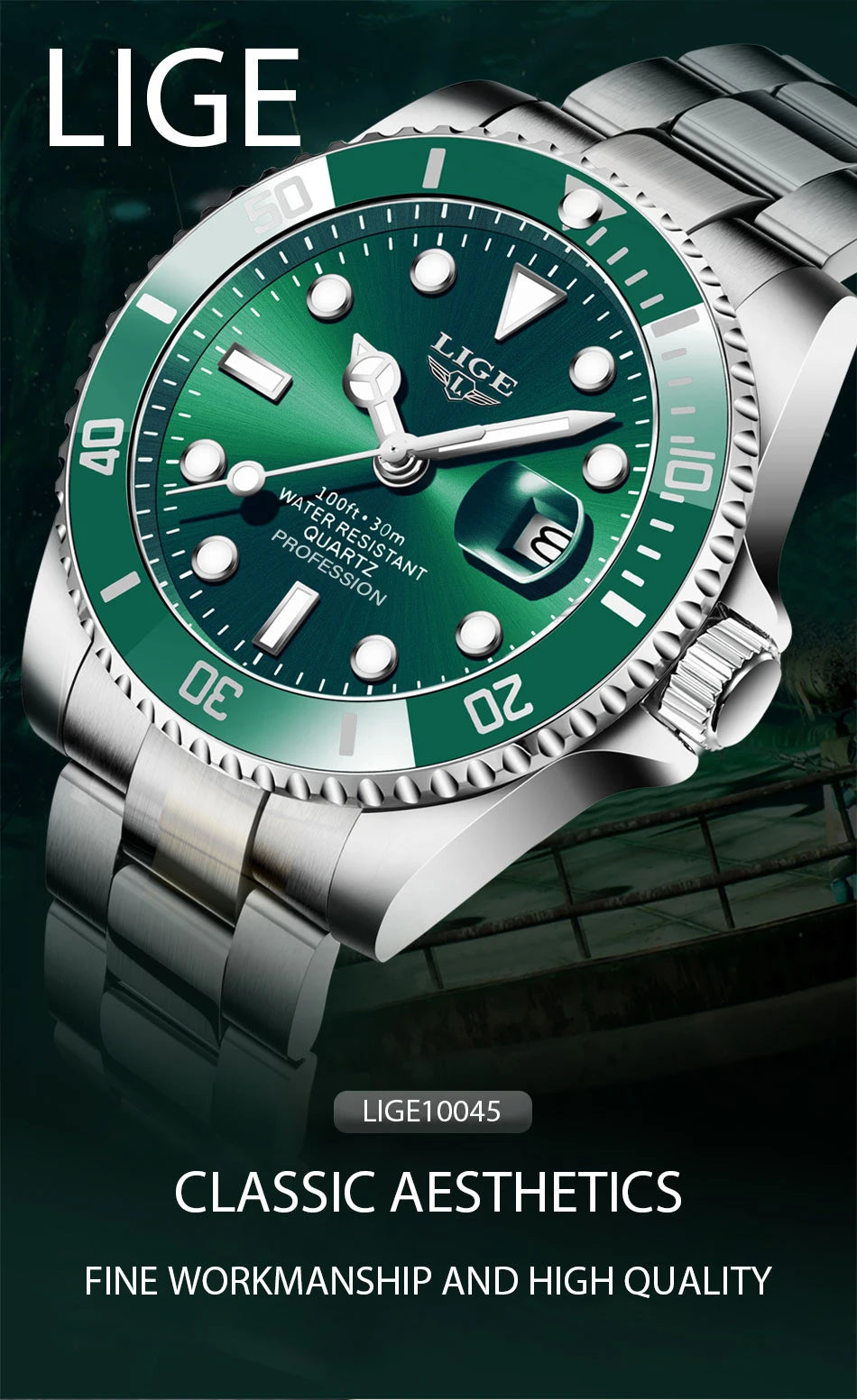 Men's stainless steel quartz wristwatch with a green sunray dial, rotating bezel, and a silver metal link strap.