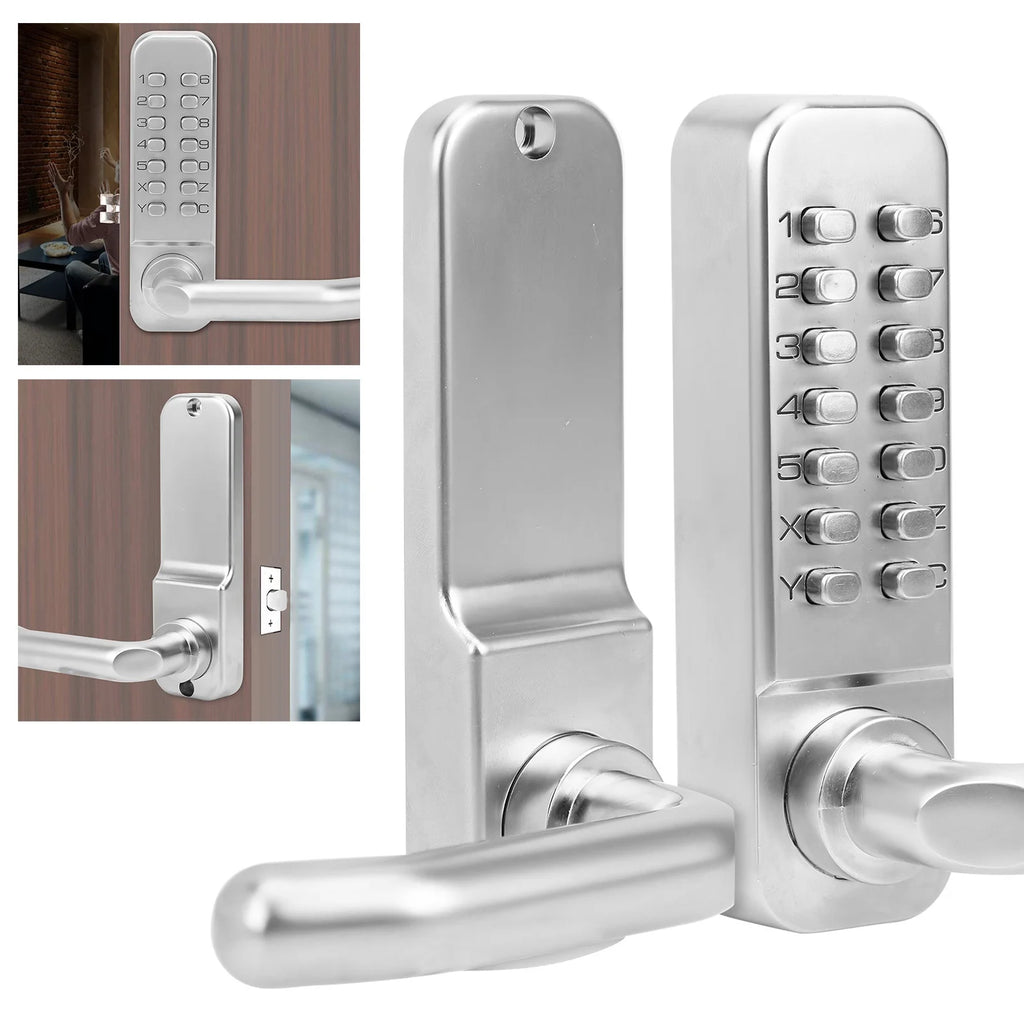 Silver metal door handle lock with a mechanical push-button keypad for numeric entry.