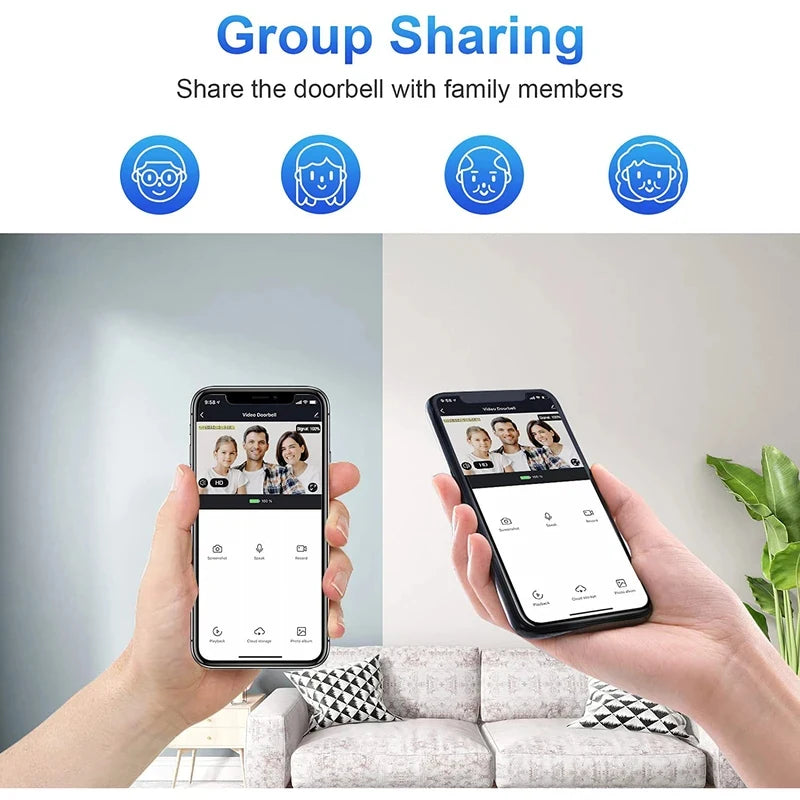 Two hands holding smartphones displaying the smart video doorbell app interface, demonstrating easy family group sharing.