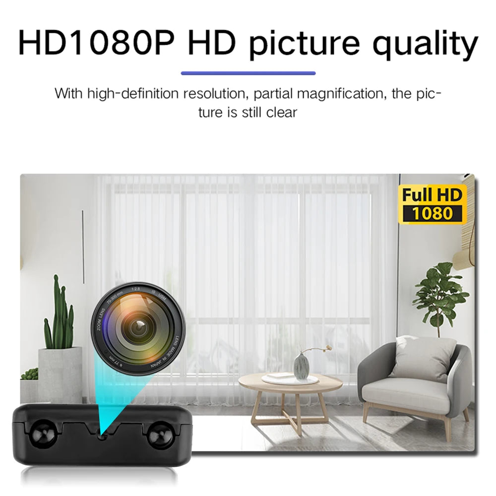 Black plastic surveillance camera with two circular lenses, projecting a Full HD 1080p image of a living room.