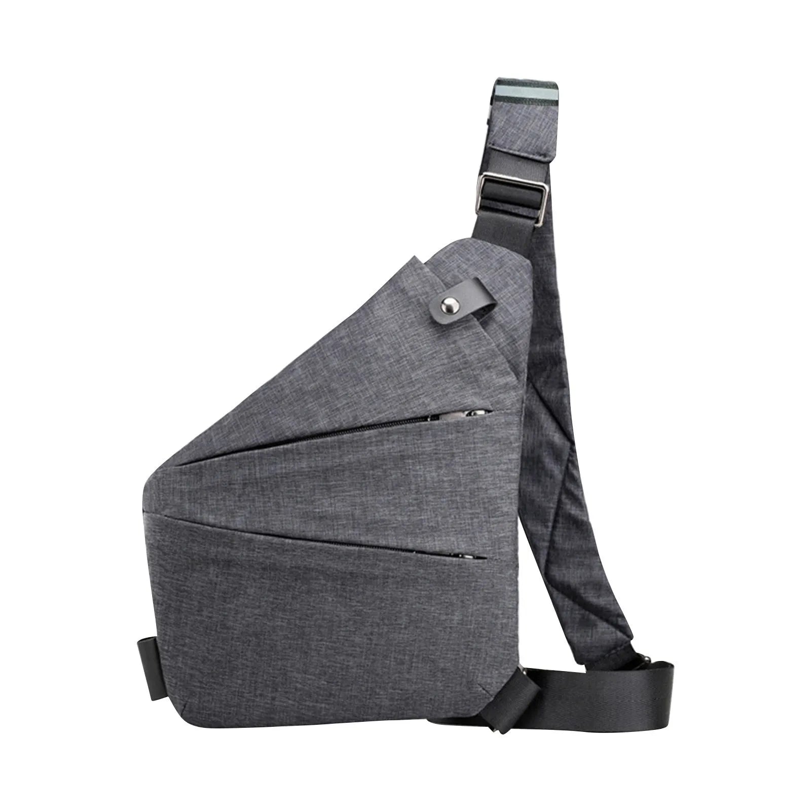 Grey triangular crossbody chest bag in a slim, minimalist style with zipped pockets and an adjustable shoulder strap.