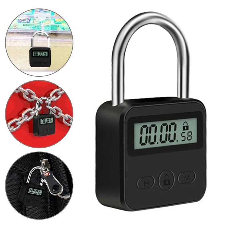 Black digital timer padlock with a silver metal shackle, LCD screen, and buttons for hour and minute settings.
