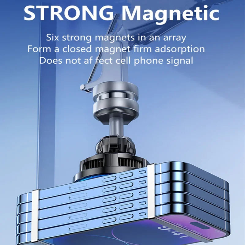 Silver metallic magnetic phone mount holding a stack of blue smartphones, highlighting strong magnetic array design.