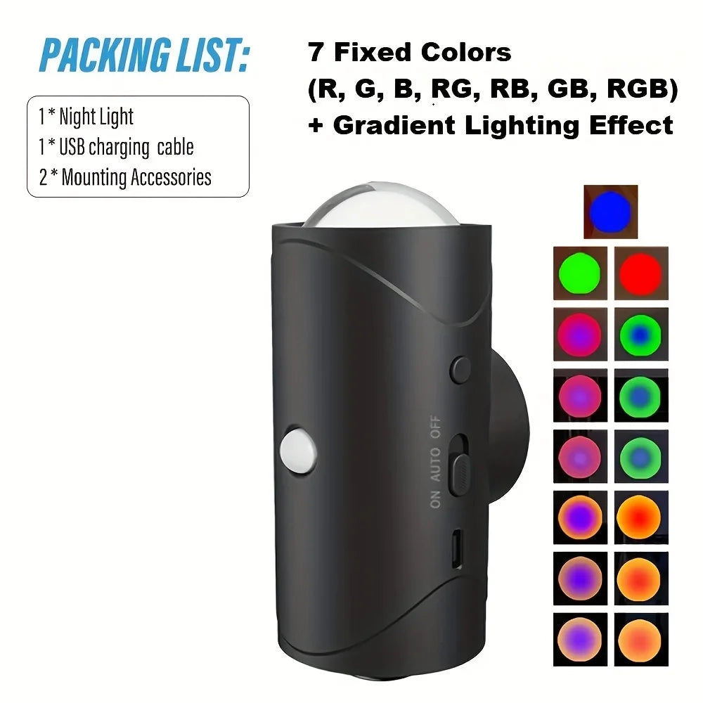 Black motion sensor LED night light with 7 fixed colours, gradient effects, USB charging, and mounting accessories.