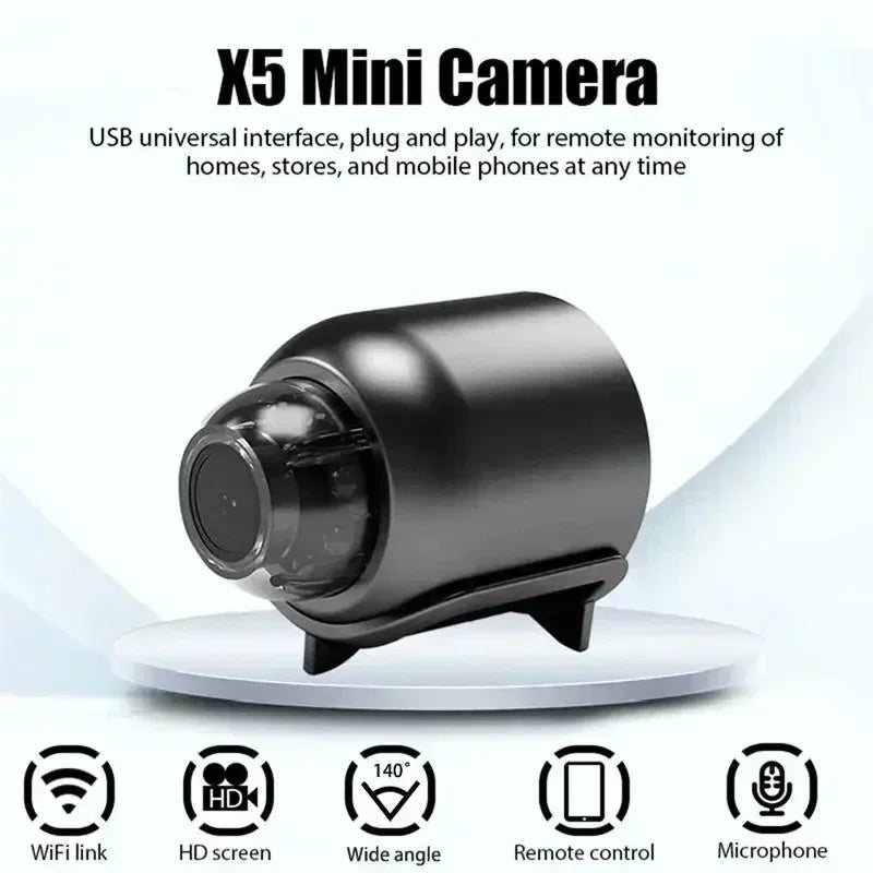 Small black plastic X5 mini security camera with a wide-angle lens, WiFi connectivity, and integrated microphone.