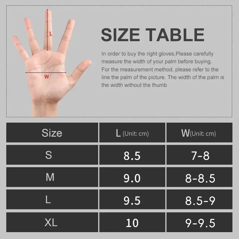 Glove size guide showing a hand illustration with length and width markers alongside a table of measurements in cm.