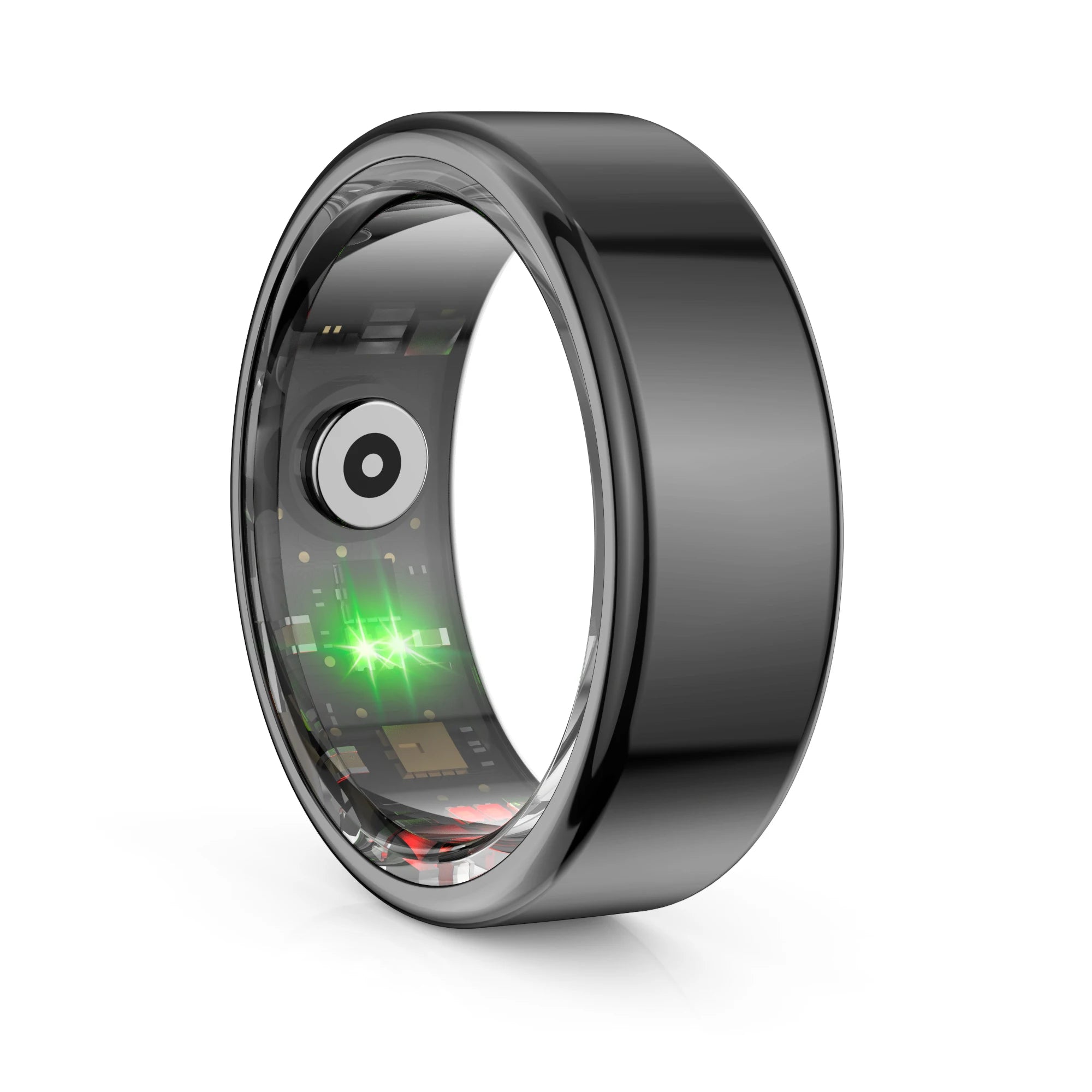 Sleek, black smart health tracking ring showing internal sensors and a green light on a white background.