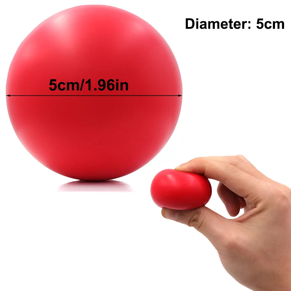 A red stress ball with a 5cm diameter, shown being squeezed by a hand against a white background.