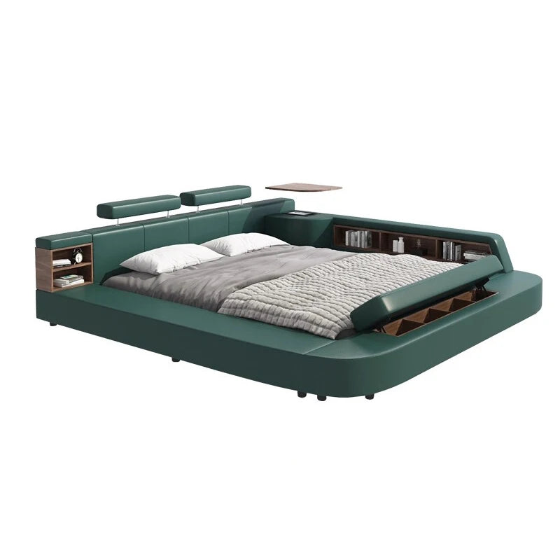 Modern dark green upholstered bed frame with integrated wooden shelving, built-in storage, and adjustable headrests.