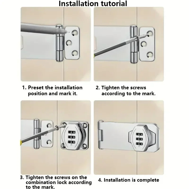 Silver metal door latch with integrated three-digit combination lock, showing a four-step installation process.