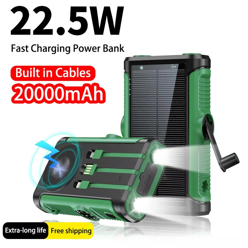 Green and black 20,000mAh solar power bank featuring built-in cables, wireless charging, a hand crank, and LED torch.