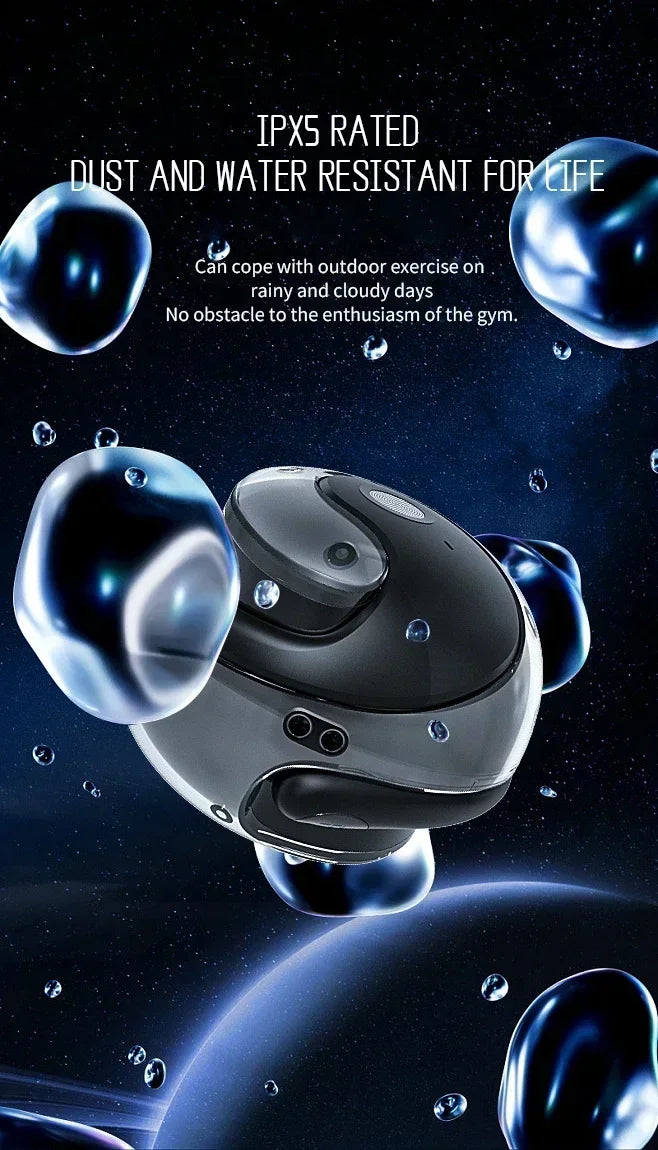 Black wireless earbuds with a modern, circular design, displayed against a blue space background with water droplets.