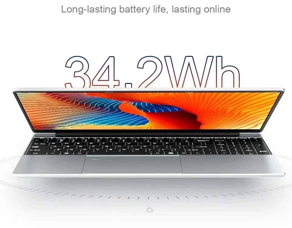 Silver 15.6-inch laptop with a vibrant orange and blue screen, black keyboard, and 34.2Wh battery highlighted.