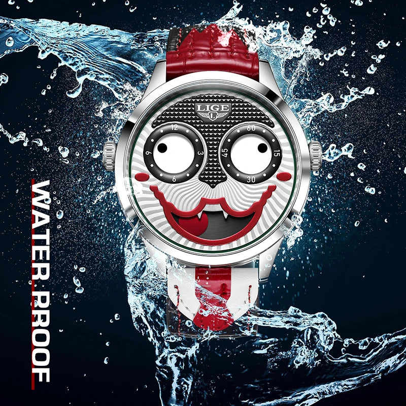 LIGE quartz watch with silver round case, red and white leather strap, and a clown face dial surrounded by water splashes.