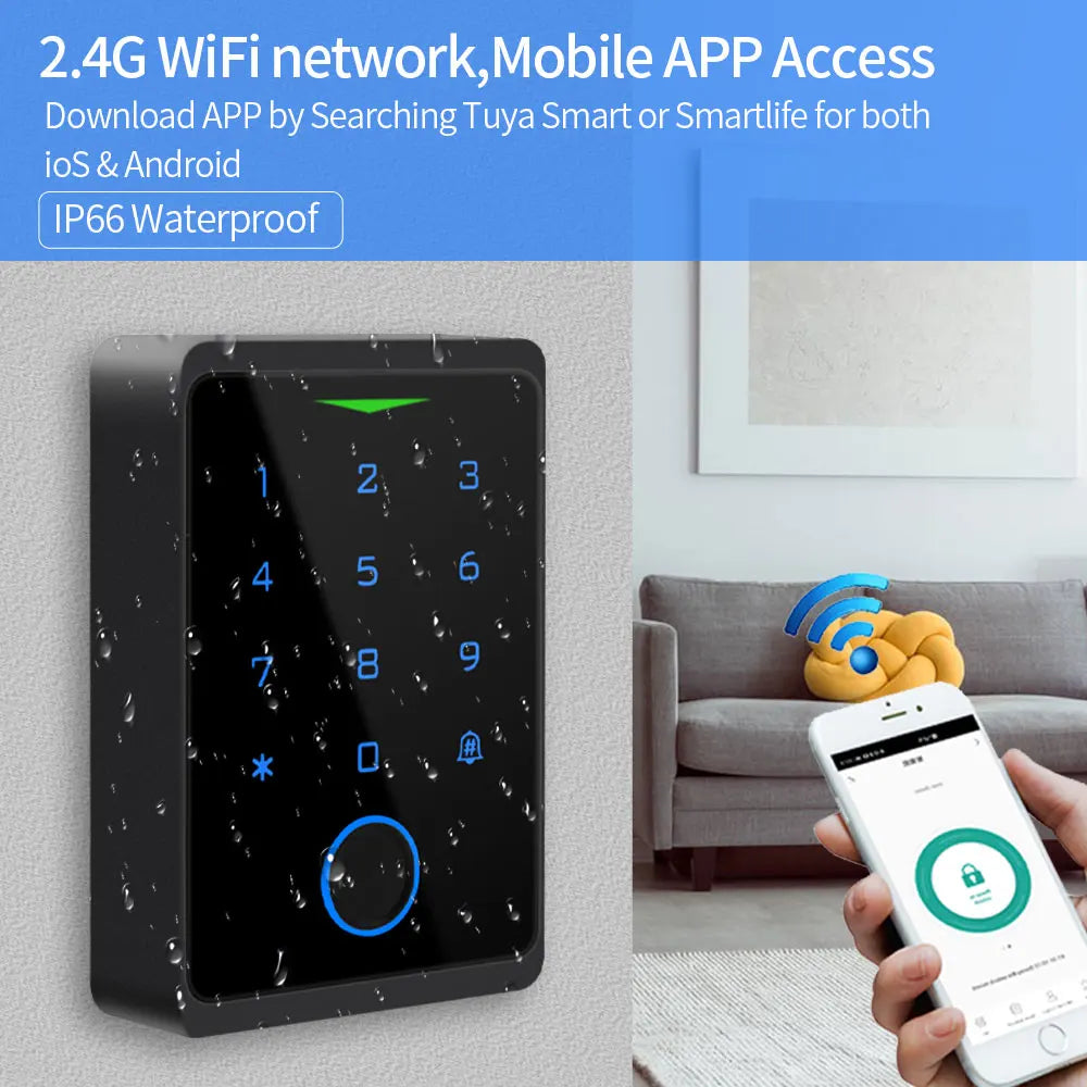 Black waterproof smart keypad door lock with illuminated buttons, WiFi connectivity, and mobile app control.