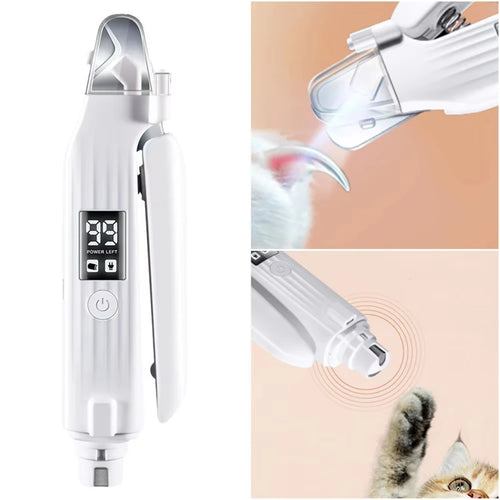 White 2-in-1 electric pet nail trimmer and grinder with digital battery display and built-in LED light.