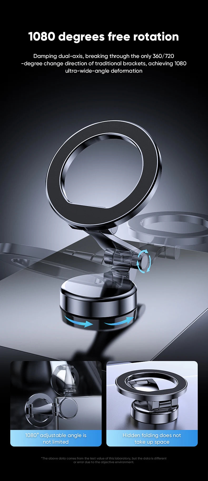 Dark grey, multi-angle foldable phone stand with 1080-degree rotation and a space-saving, compact design.