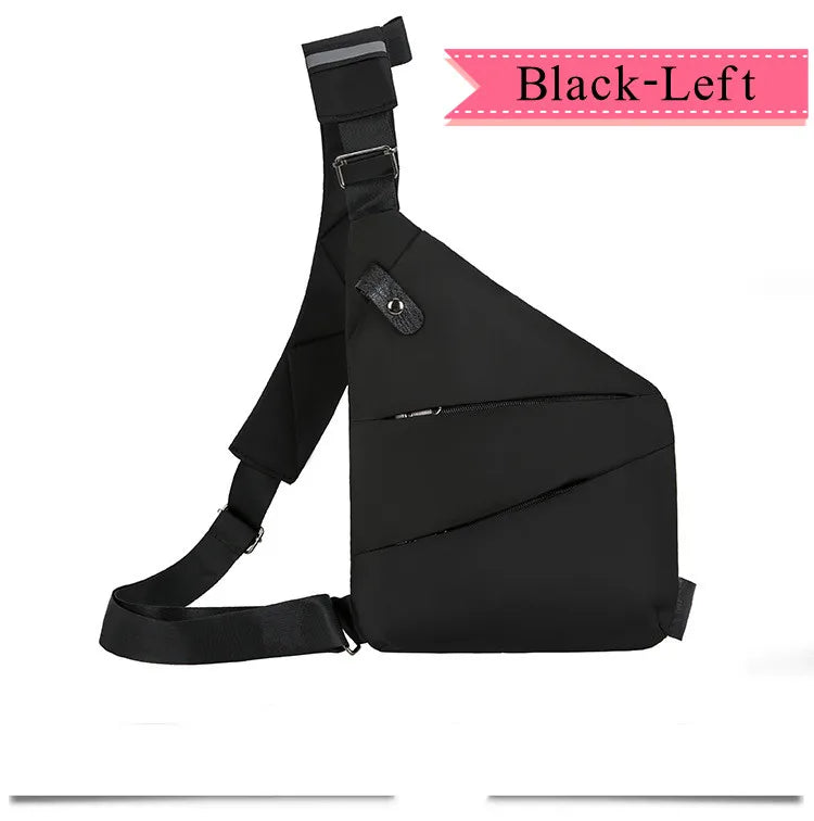 Black slimline waterproof crossbody chest bag with an adjustable shoulder strap and multiple zipped compartments.