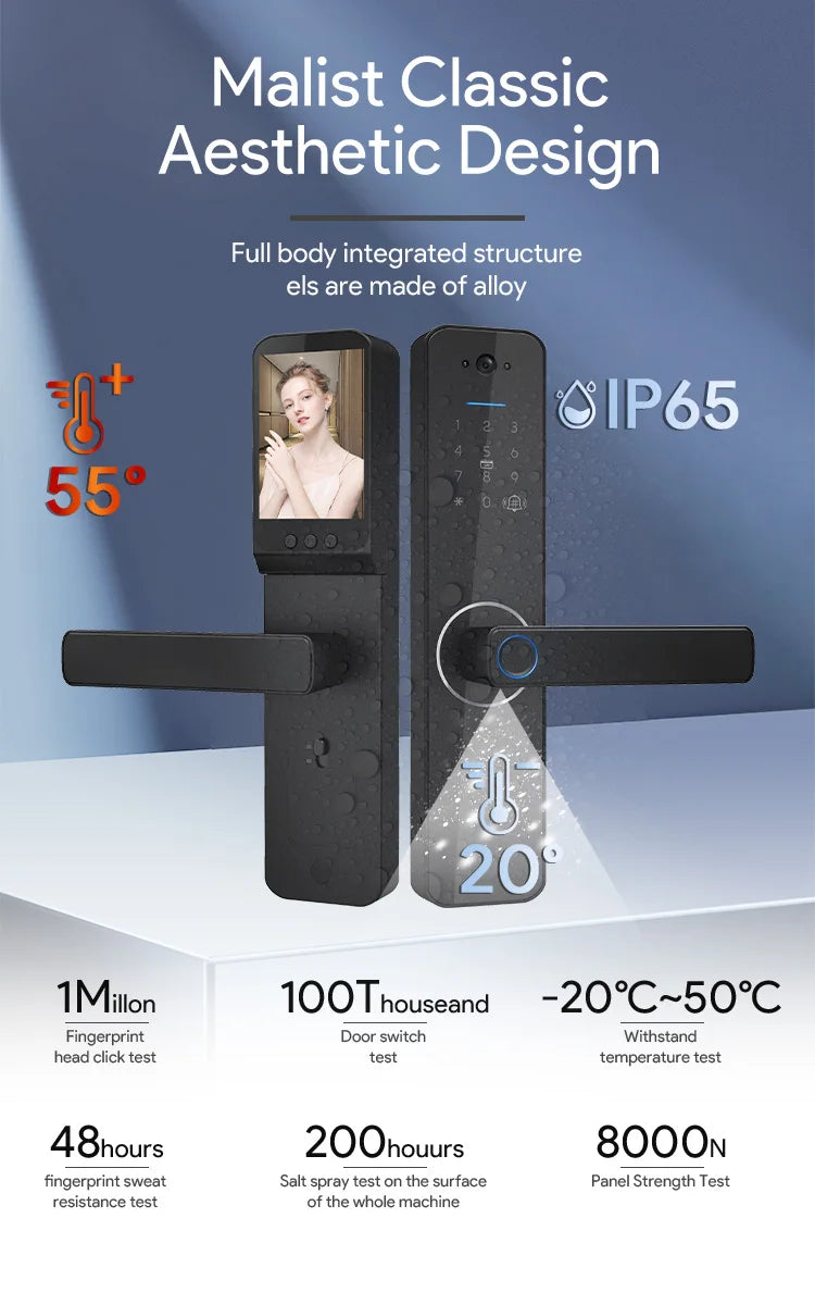 A sleek, black alloy smart door lock with an integrated camera, digital keypad, and fingerprint scanner.