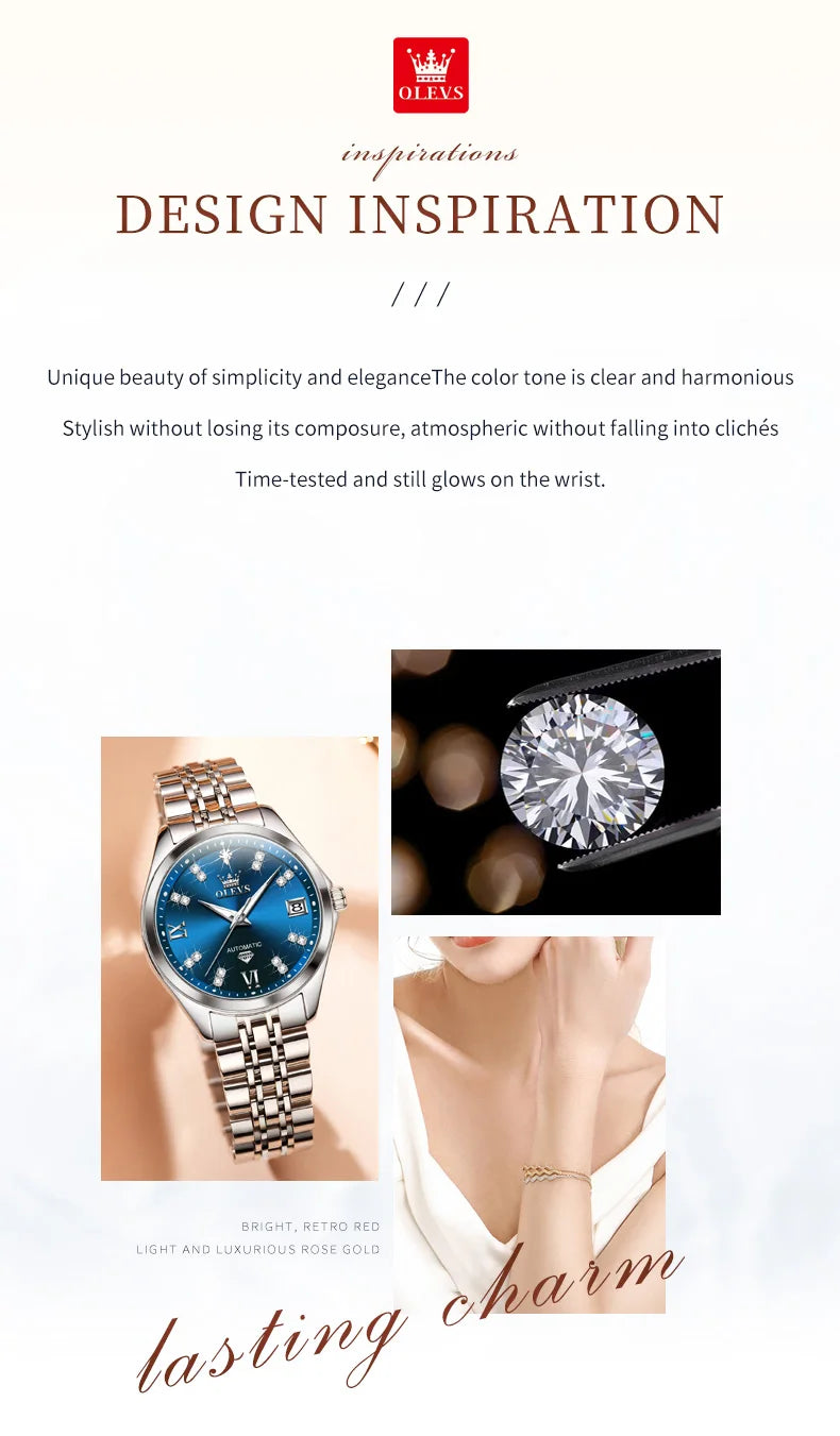 Elegant women's stainless steel watch with a deep blue dial, crystal hour markers, and a date display.