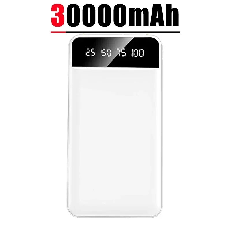 White portable power bank with a sleek design and LED digital battery display showing charge percentages.