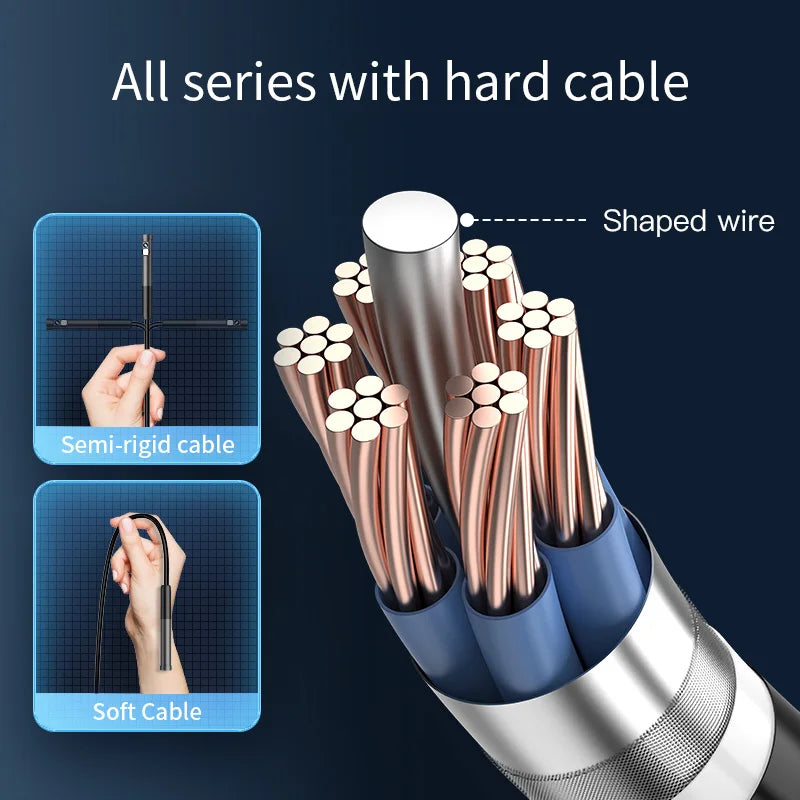Close-up of inspection camera cable showing copper wiring and a central support rod for a semi-rigid, durable design.