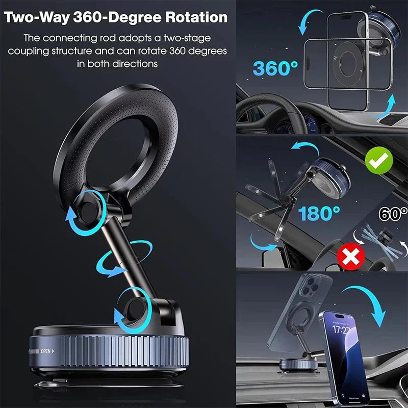 Black magnetic car phone mount with a rotating circular head and adjustable arm, shown in various positions.