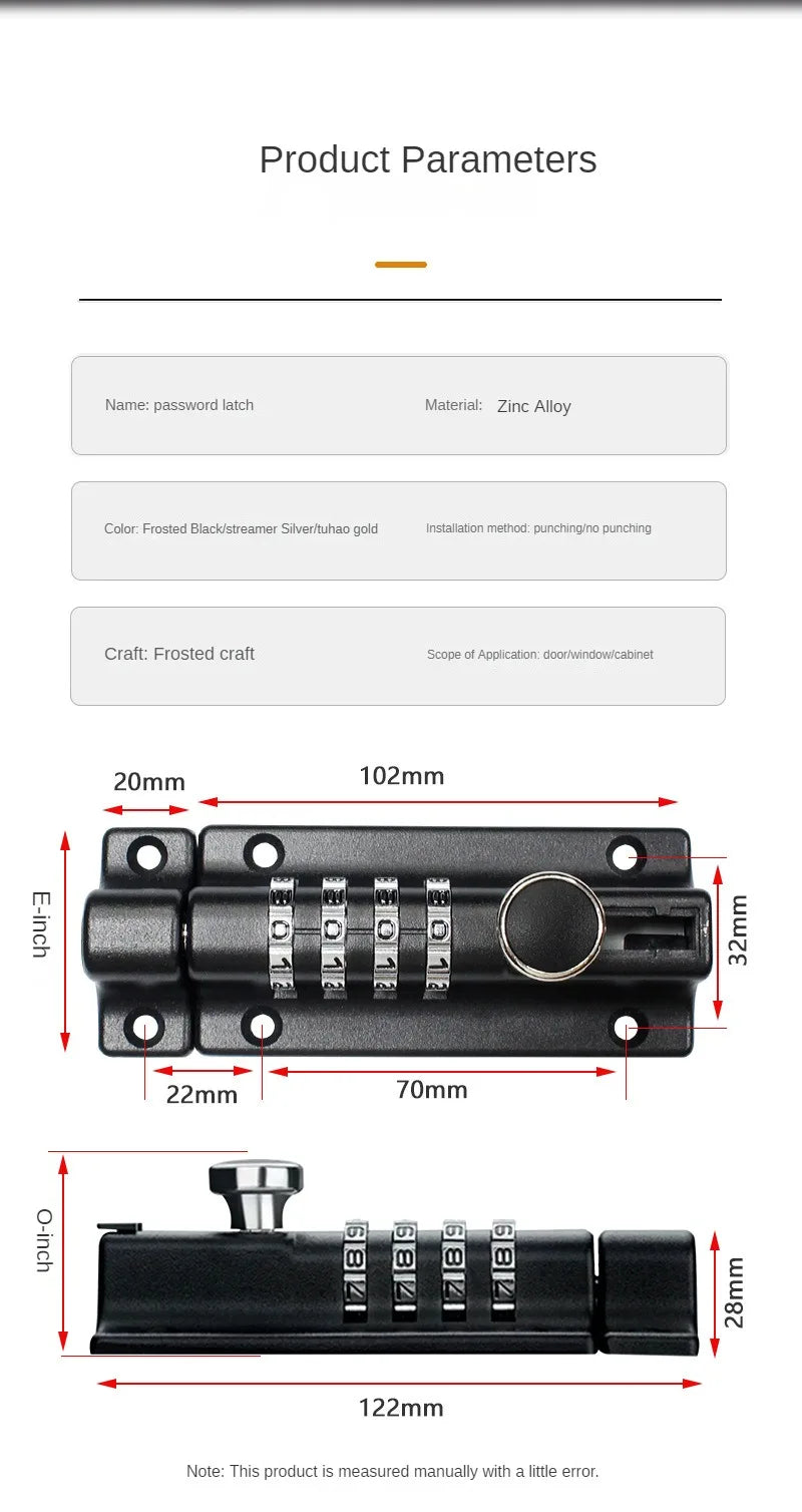 Black zinc alloy password latch for doors and cabinets with dimension labels and four numerical code wheels.