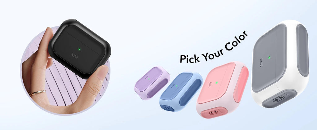 ESR silicone AirPods Pro cases in black, white, purple, blue and pink, shown in a range of colours.
