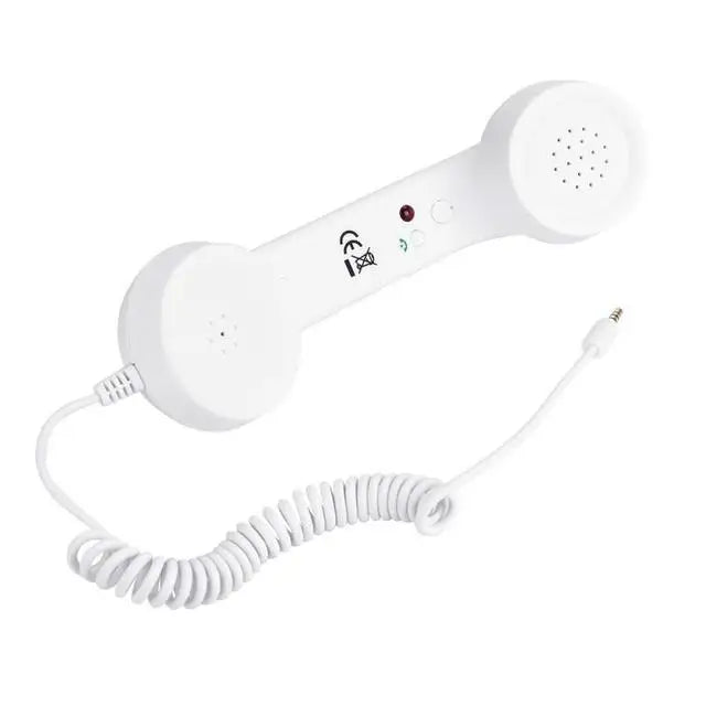 White retro-style telephone handset with a coiled cord and 3.5mm jack connector for smartphone calls.