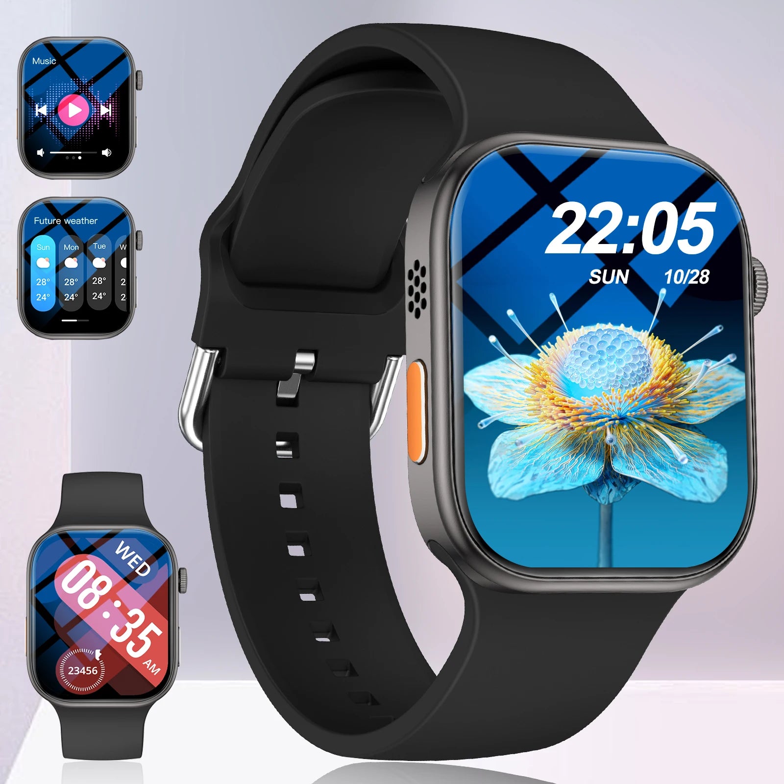 Black multi-sport smartwatch with a sleek rectangular touch display, silicone strap, and customisable watch faces.