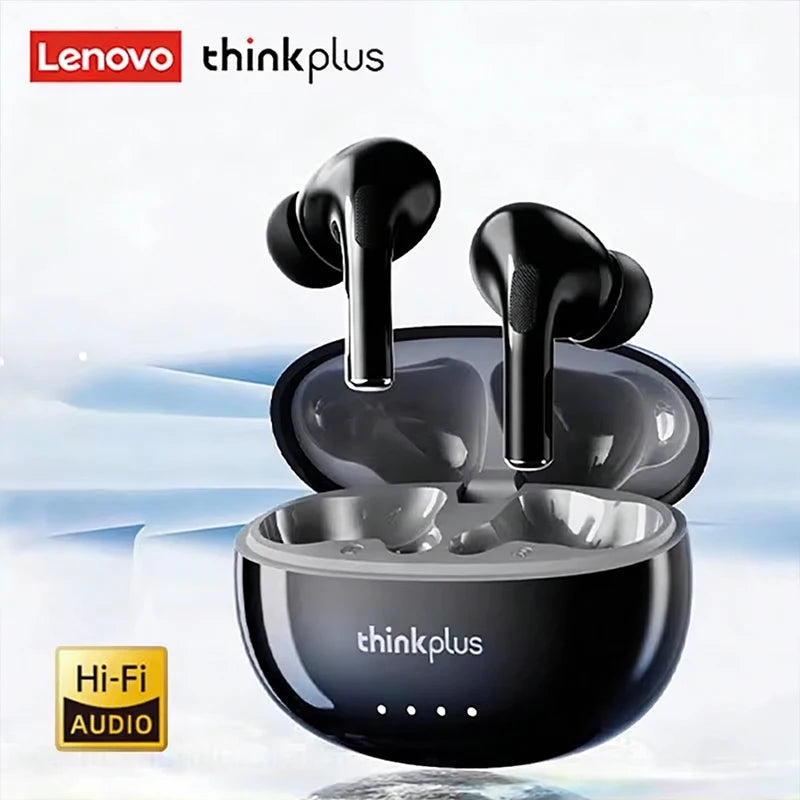 Glossy black wireless earbuds with a matching open charging case against a blue and white background.