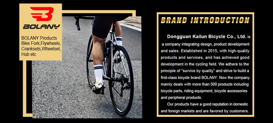 Bolany brand introduction graphic featuring a cyclist on a black road bike and a summary of company products.