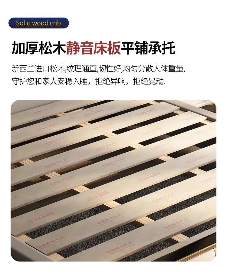 Minimalist bed frame featuring light wood horizontal slats for sturdy, quiet support.